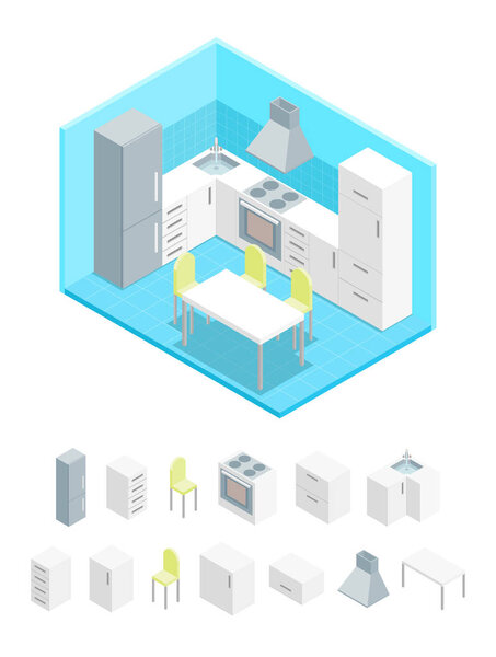 Внутренняя кухня комната с мебелью и элементами Часть изометрический вид. Вектор
