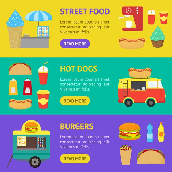 Cartoon Street Food Truck Stall Kiosk Horizontal Set. Вектор — стоковый вектор
