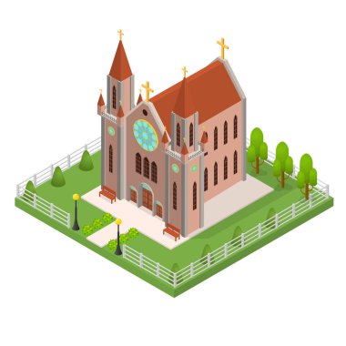 Christian Catholic kilise kavramı 3d izometrik görünümü. Vektör
