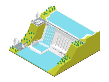 Hidroelektrik Santrali kavramı 3d izometrik görünümü. Vektör