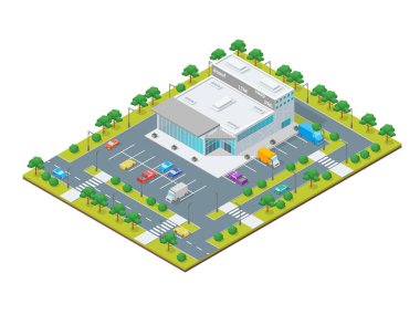 Süpermarket veya dükkan bina kavramı 3d izometrik görünümünde. Vektör