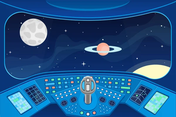 宇宙船キャビン インテリアと空間に表示ウィンドウの背景のカード ベクトル — ストックベクタ