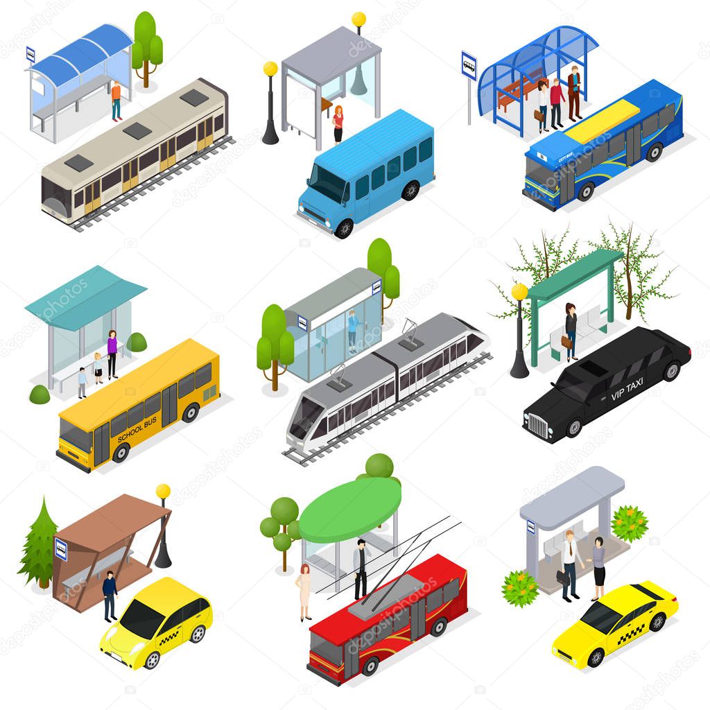Different Types City Public Transport 3d Icons Set Isometric View. Vector