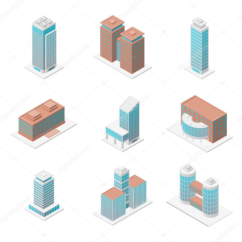 Different Types Office Building 3d Icons Set Isometric View. Vector