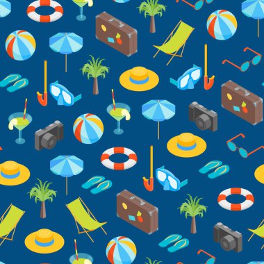 Plaj yaz dinlenme Dikişsiz desen arka plan izometrik görünümü. Vektör