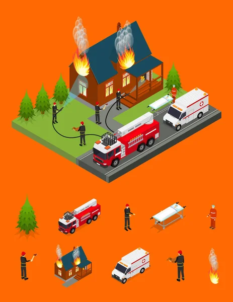 消防士は、家と要素の等角投影ビューで火を消します。ベクトル — ストックベクタ