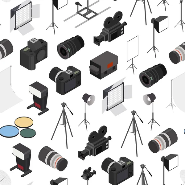 写真スタジオ機器のシームレスなパターン背景のアイソメ図。ベクトル — ストックベクタ
