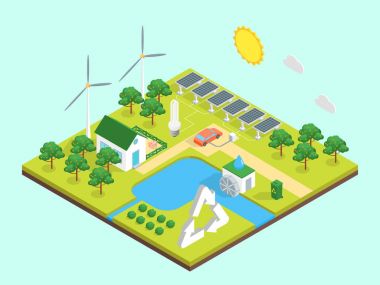 Ekoloji yeşil enerji tüketimi kavramı 3d izometrik görünümü. Vektör
