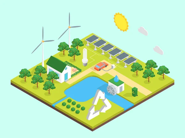 Ecologia verde Concept Consumo de Energia 3d Isométrico View. Vetor —  Vetores de Stock