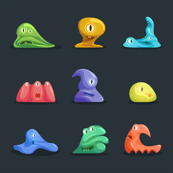 Diferentes tipos lindo conjunto de personajes de monstruos de gelatina. Vector — Archivo Imágenes Vectoriales