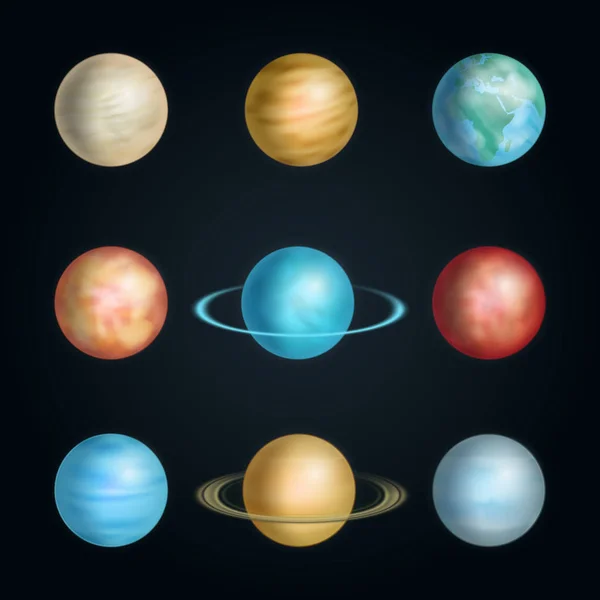 3D realista sistema solar detallado planeta conjunto. Vector — Archivo Imágenes Vectoriales