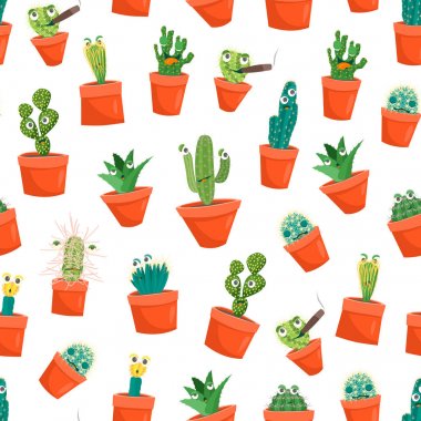 Karikatür komik kaktüs karakter Dikişsiz desen arka plan. Vektör