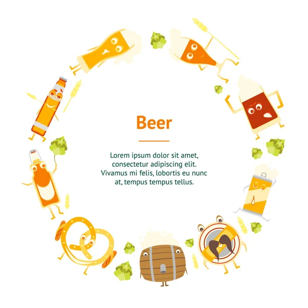 Personajes de la cerveza de dibujos animados Funny Banner Card Circle. Vector — Vector de stock