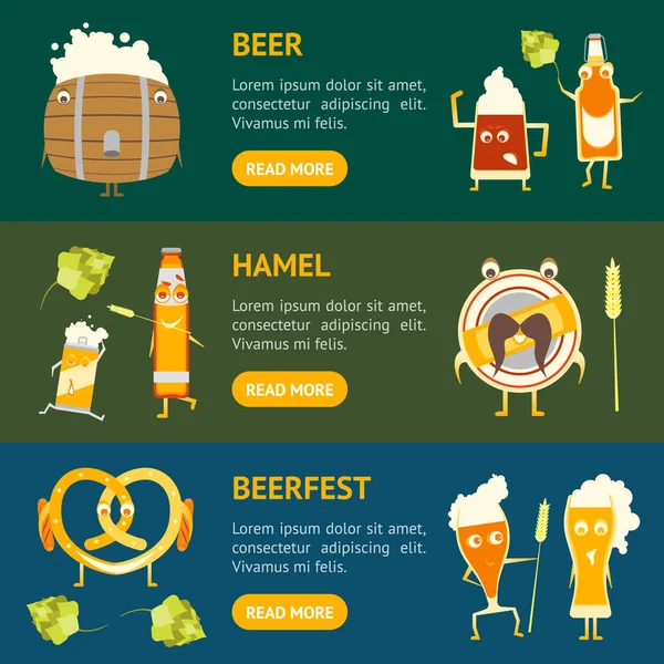 Cartoon Funny Beer Personagens Banner Horizontal Set. Vetor — Vetor de Stock