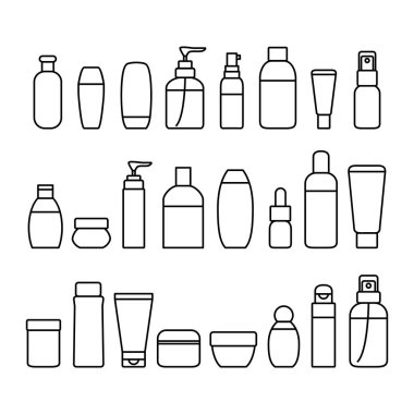 Kozmetik Şişeler işaretleri siyah ince çizgi Icon Set. Vektör