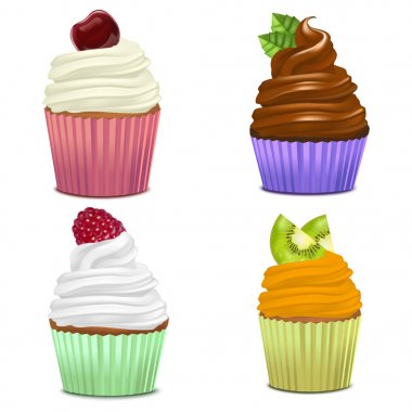 Gerçekçi detaylı 3d Cupcakes ayarlayın. Vektör