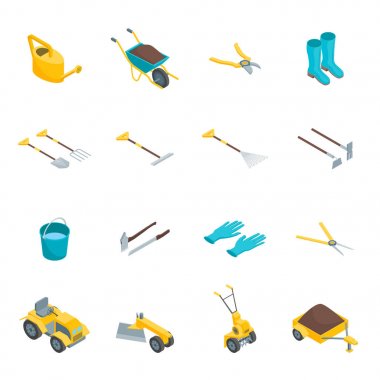 Bahçe 3d Icons Set izometrik görünümü araçları. Vektör