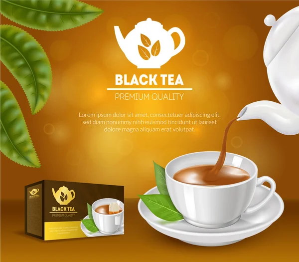 Realista detallado 3d anuncios de té negro. Vector — Vector de stock