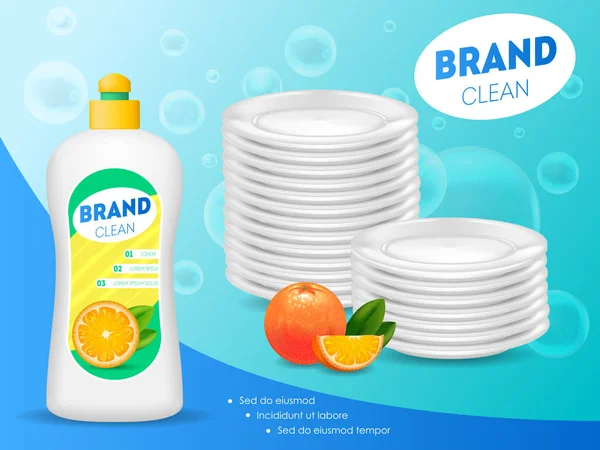 現実的な詳細な 3 d の食器洗い液体石鹸の広告。ベクトル — ストックベクタ