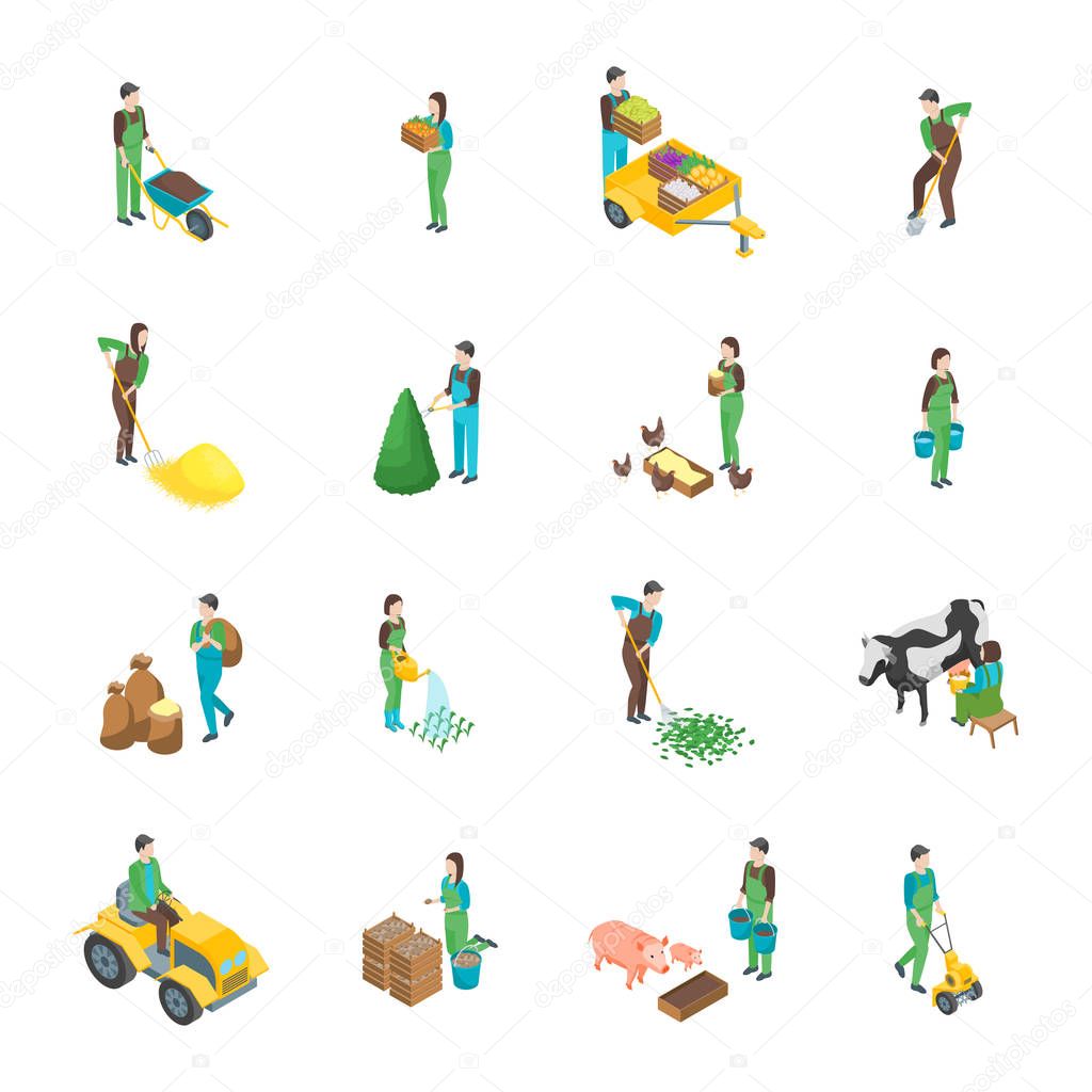 Farmers at Work 3d Icons Set Isometric View. Vector