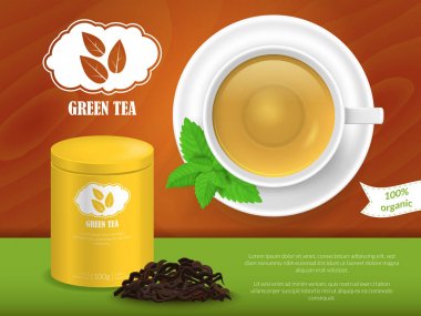 Gerçekçi detaylı 3d yeşil çay reklamlar. Vektör