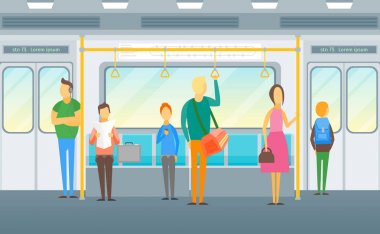 Karikatür kişi metro kartı Poster tren. Vektör