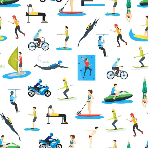 Cartoon Extreme Sports People Seamless Pattern Background (en inglés). Vector — Archivo Imágenes Vectoriales