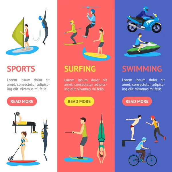 Çizgi film doğa sporları insanlar Vecrtical Set afiş. Vektör