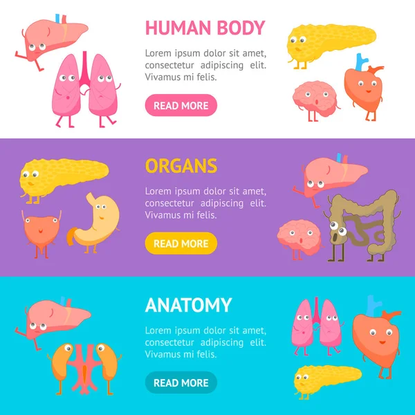 Cartoon Internal Organs Funny Emotions Banner Horizontal Set. Вектор — стоковый вектор