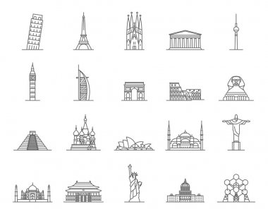 Dünya yer işaretleri siyah ince çizgi Icon Set. Vektör