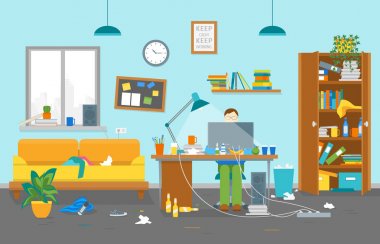 Çizgi film adam işyeri kirli kartı poster. Vektör