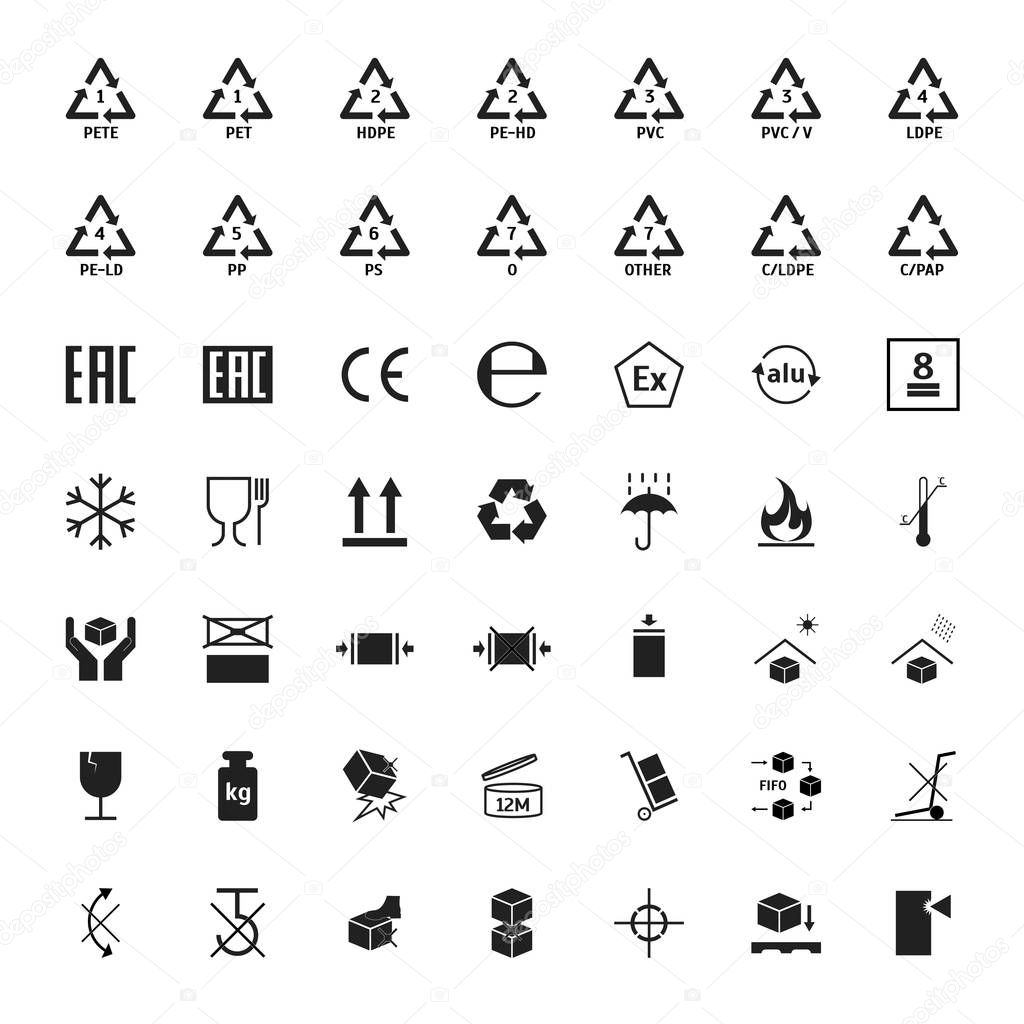 Cartoon Packaging Symbols Icons Set. Vector