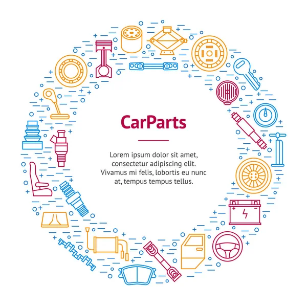 Car Parts Thin Line Banner Card Circle. Vector — Stock Vector