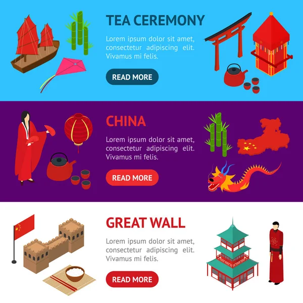 China Banner Turístico Horizontal Set Isométrico Vista. Vector — Vector de stock