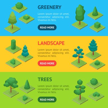 Yeşil ağaçlar Park afiş yatay 3D ayarla izometrik görüntüleyin. Vektör