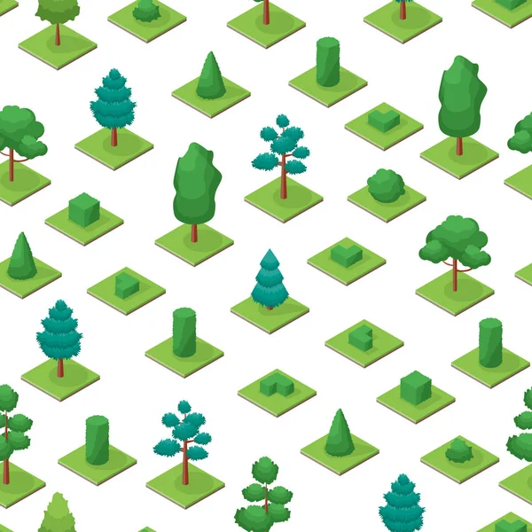 Árvores verdes parque sem costura padrão fundo 3d Isométrico View. Vetor — Vetor de Stock