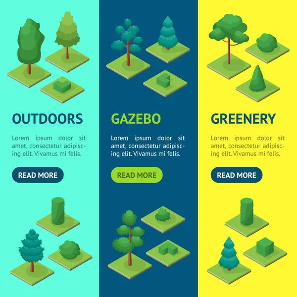 Green Trees Park Banner Conjunto Vecrtical 3D Vista Isométrica. Vetor —  Vetores de Stock
