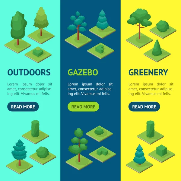 그린 나무 공원 배너 Vecrtical 세트 3 차원 Isometric 보기. 벡터 — 스톡 벡터