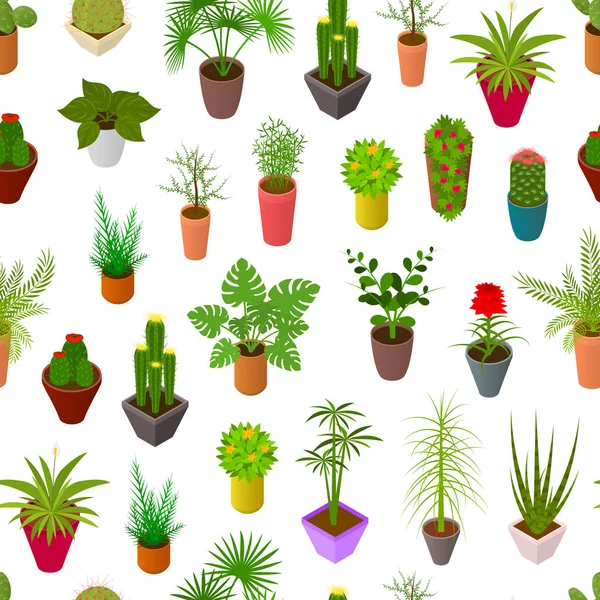 Plantes vertes en pot Modèle sans couture Fond 3d vue isométrique. Vecteur — Image vectorielle