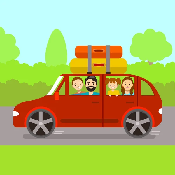 Cartoon Family Journey by Red Car (em inglês). Vetor —  Vetores de Stock