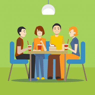 Karikatür gençler Cafe konsept. Vektör