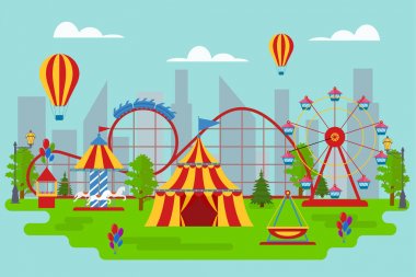 Çizgi film eğlence parkı kartı Poster. Vektör