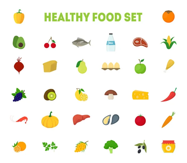 Kreslený zdravé potraviny značky ikony Velká sada barev. Vektor — Stockový vektor