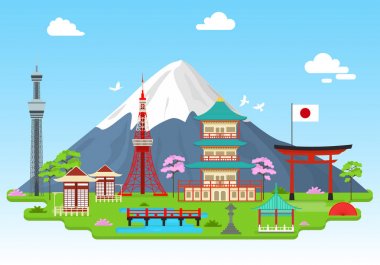 Çizgi film Japonya seyahat Infographic kartı Poster. Vektör