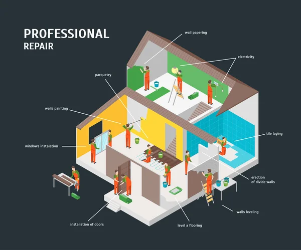 집 수리 Infographic 개념 3 차원 Isometric 보기입니다. 벡터 — 스톡 벡터