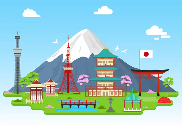 Caricatura Japón Travel Infographic Card Poster. Vector — Vector de stock