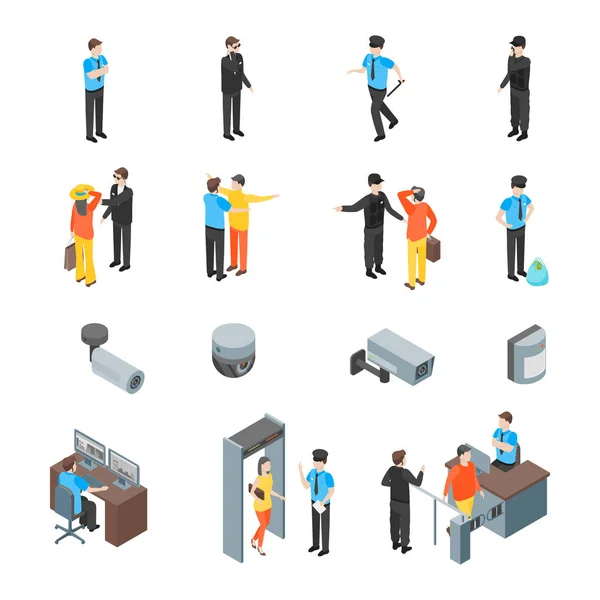 Sistema de seguridad de personas y equipos 3d iconos conjunto de vista isométrica. Vector — Vector de stock
