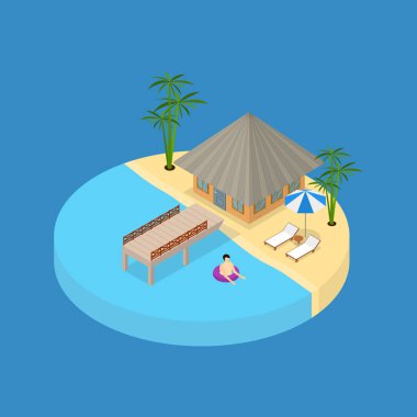 Plaj tatil öğe 3d izometrik görünümü. Vektör