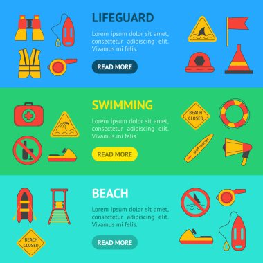 Çizgi film cankurtaran afiş yatay küme. Vektör