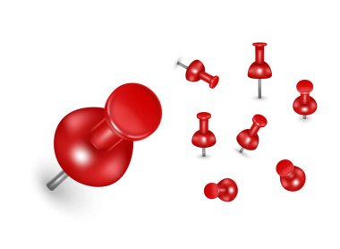 Gerçekçi detaylı 3d kırmızı itme Pins farklı açılardan küme. Vektör